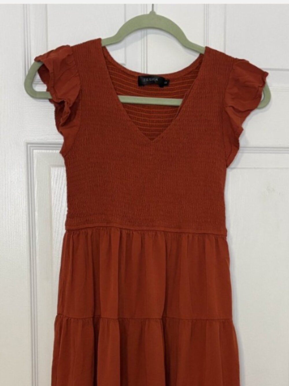 Zesica Smocked Tiered Mini Dress Rust Burnt Orange Flutter Sleeve V-Neck Boho S